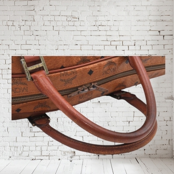 MCM Visetos Leather Boston Bag Brown Unisex Vintage - Picture 7 of 17